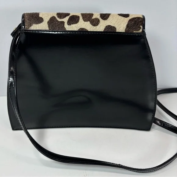 Vtg Cow Print Faux Leather Crossbody Handbag Black Long Strap Boho Western Hip - Picture 4 of 9